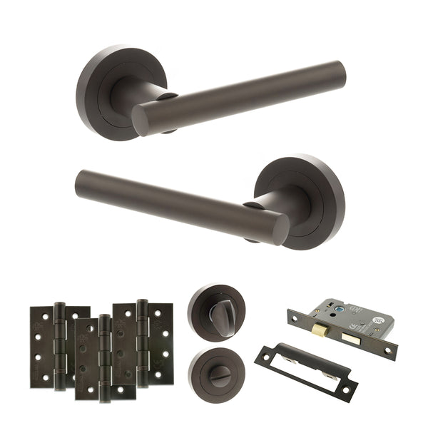 Status Nebraska Door Handle Pack (Bathroom Set - 3" CE Bathroom Lock, 4" Fire Rated Hinges x3) by Atlantic Hardware