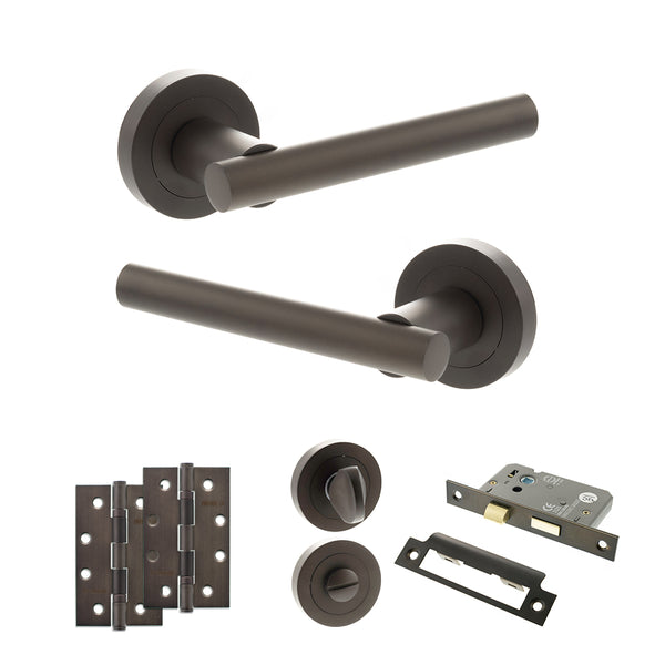 Status Nebraska Door Handle Pack (Bathroom Set - 3" CE Bathroom Lock, 4" Slim Knuckle Hinges x2) by Atlantic Hardware