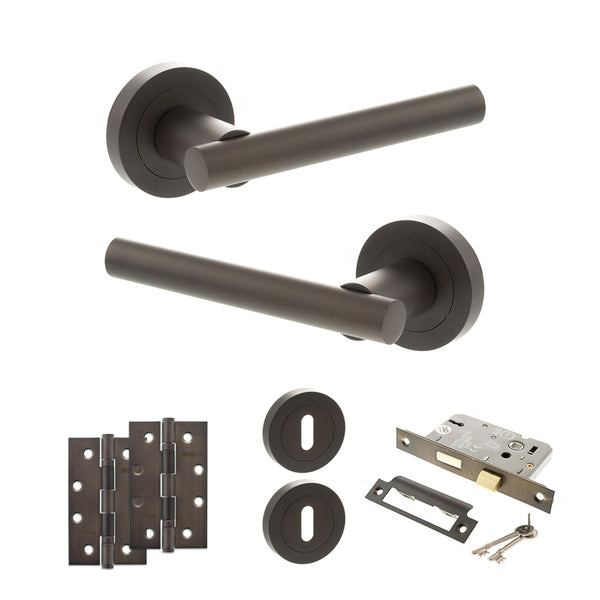 Status Nebraska Door Handle Pack (3 Lever Lock Set - 2.5" CE Sashlock, 4" Slim Knuckle Hinges x2) by Atlantic Hardware