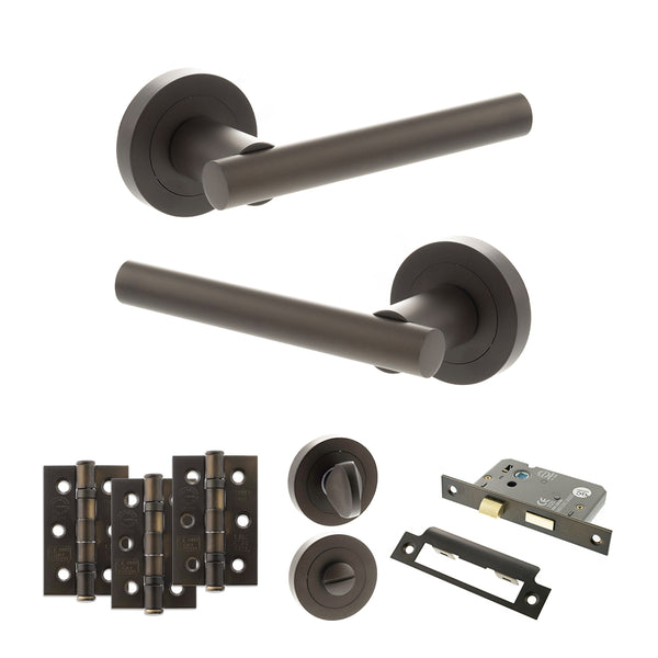 Status Nebraska Door Handle Pack (Bathroom Set - 2.5" CE Bathroom Lock, 3" Fire Rated Hinges x3) by Atlantic Hardware