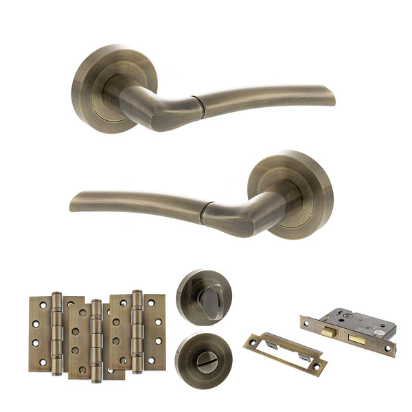 Status Indiana Door Handle Pack (Bathroom Set - 3" CE Bathroom Lock, 4" Fire Rated Hinges x3) by Atlantic Hardware