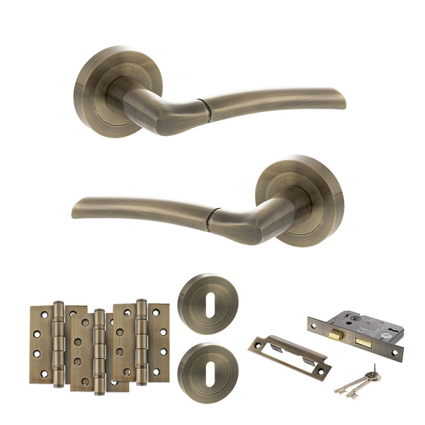 Status Indiana Door Handle Pack (3 Lever Lock Set - 2.5" CE Sashlock, 4" Fire Rated Hinges x3) by Atlantic Hardware
