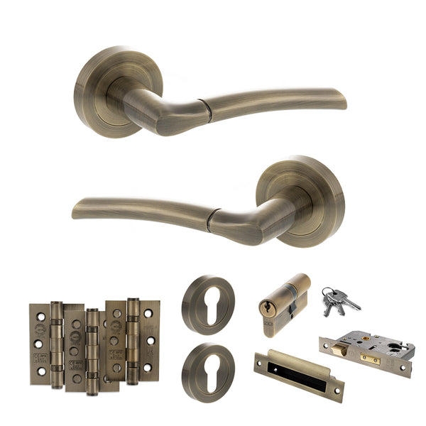 Status Indiana Door Handle Pack (Euro Lock Set - 3" CE Sashlock, 3" Fire Rated Hinges x3) by Atlantic Hardware