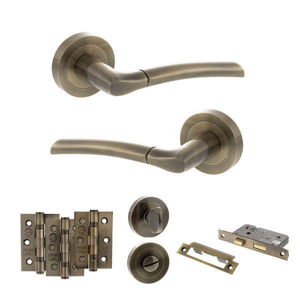 Status Indiana Door Handle Pack (Bathroom Set - 2.5" CE Bathroom Lock, 3" Fire Rated Hinges x3) by Atlantic Hardware
