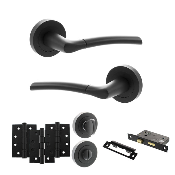 Status Indiana Door Handle Pack (Bathroom Set - 2.5" CE Bathroom Lock, 4" Fire Rated Hinges x3) by Atlantic Hardware