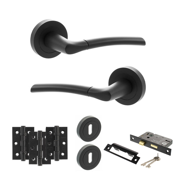 Status Indiana Door Handle Pack (3 Lever Lock Set - 3" CE Sashlock, 3" Fire Rated Hinges x3) by Atlantic Hardware