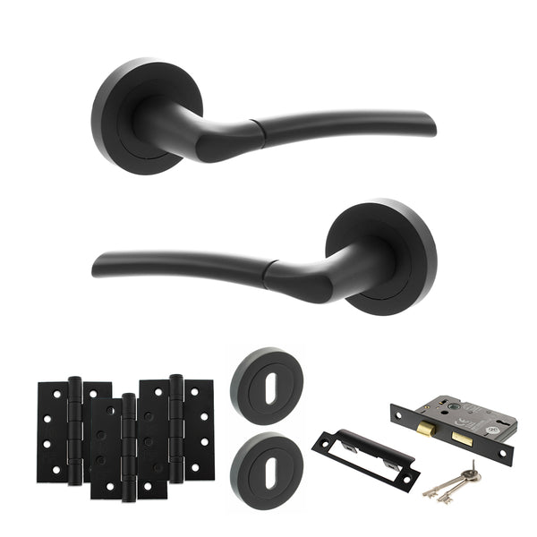 Status Indiana Door Handle Pack (3 Lever Lock Set - 2.5" CE Sashlock, 4" Fire Rated Hinges x3) by Atlantic Hardware