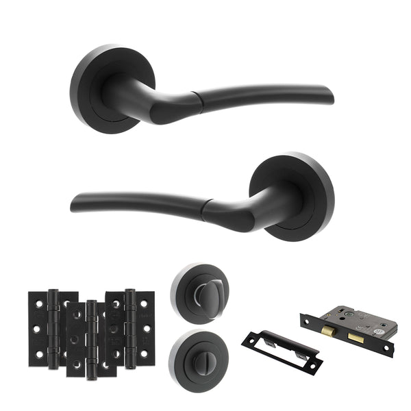 Status Indiana Door Handle Pack (Bathroom Set - 2.5" CE Bathroom Lock, 3" Fire Rated Hinges x3) by Atlantic Hardware