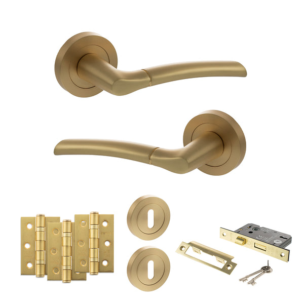 Status Indiana Door Handle Pack (3 Lever Lock Set - 3" CE Sashlock, 3" Fire Rated Hinges x3) by Atlantic Hardware