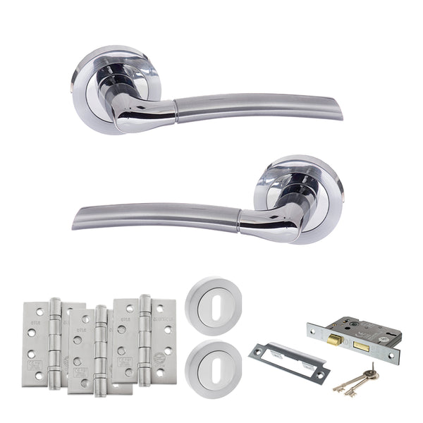 Status Indiana Door Handle Pack (3 Lever Lock Set - 2.5" CE Sashlock, 4" Fire Rated Hinges x3) by Atlantic Hardware