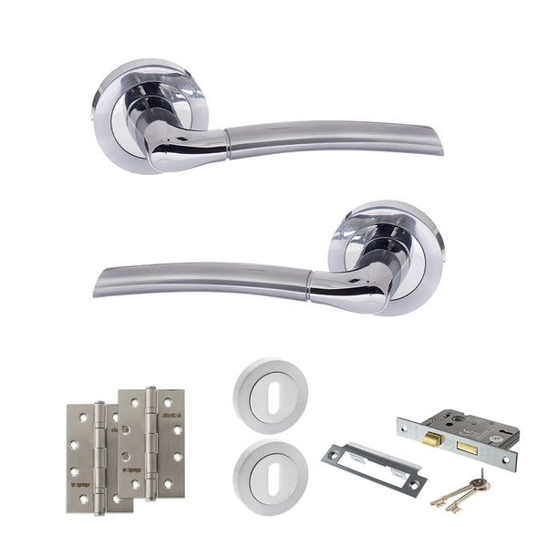 Status Indiana Door Handle Pack (3 Lever Lock Set - 2.5" CE Sashlock, 4" Slim Knuckle Hinges x2) by Atlantic Hardware