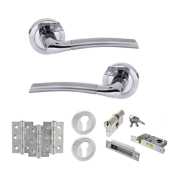 Status Indiana Door Handle Pack (Euro Lock Set - 3" CE Sashlock, 3" Fire Rated Hinges x3) by Atlantic Hardware