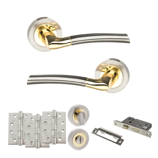 Status Indiana Door Handle Pack (Bathroom Set - 3" CE Bathroom Lock, 4" Fire Rated Hinges x3) by Atlantic Hardware