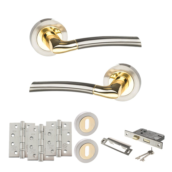 Status Indiana Door Handle Pack (3 Lever Lock Set - 2.5" CE Sashlock, 4" Fire Rated Hinges x3) by Atlantic Hardware