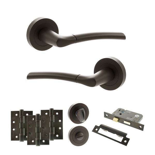 Status Indiana Door Handle Pack (Bathroom Set - 3" CE Bathroom Lock, 4" Fire Rated Hinges x3) by Atlantic Hardware