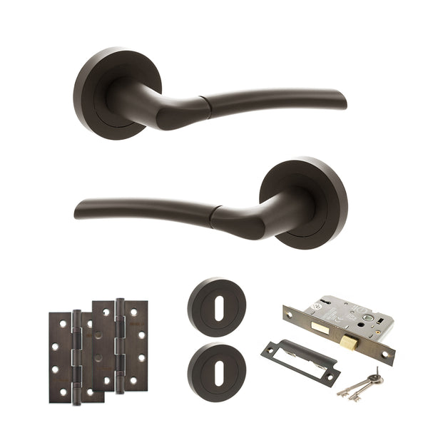 Status Indiana Door Handle Pack (3 Lever Lock Set - 2.5" CE Sashlock, 4" Slim Knuckle Hinges x2) by Atlantic Hardware