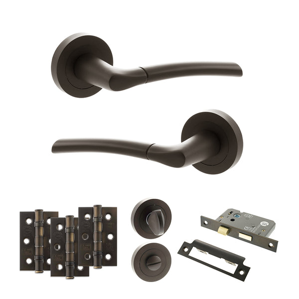 Status Indiana Door Handle Pack (Bathroom Set - 2.5" CE Bathroom Lock, 3" Fire Rated Hinges x3) by Atlantic Hardware