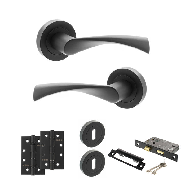 Status Colorado Door Handle Pack (3 Lever Lock Set - 2.5" CE Sashlock, 4" Slim Knuckle Hinges x2) by Atlantic Hardware