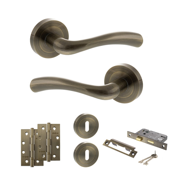 Status Texas Door Handle Pack (3 Lever Lock Set - 2.5" CE Sashlock, 4" Slim Knuckle Hinges x2) by Atlantic Hardware