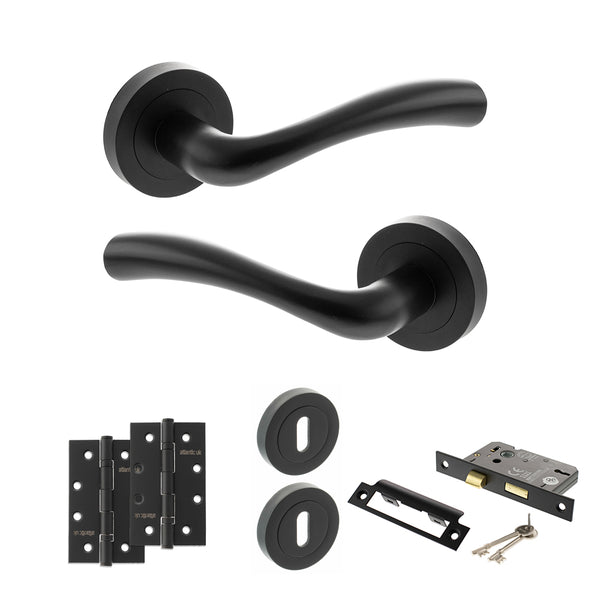 Status Texas Door Handle Pack (3 Lever Lock Set - 2.5" CE Sashlock, 4" Slim Knuckle Hinges x2) by Atlantic Hardware