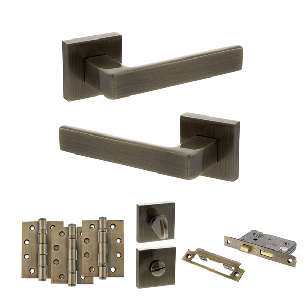 Status Montana Door Handle Pack (Bathroom Set - 3" CE Bathroom Lock, 4" Fire Rated Hinges x3) by Atlantic Hardware