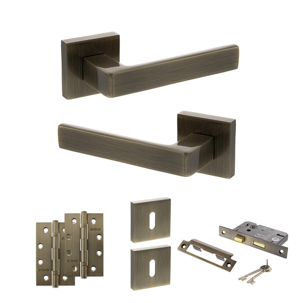 Status Montana Door Handle Pack (3 Lever Lock Set - 3" CE Sashlock, 4" Slim Knuckle Hinges x2) by Atlantic Hardware