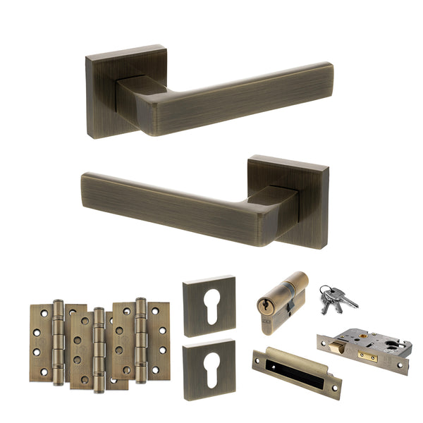 Status Montana Door Handle Pack (Euro Lock Set - 2.5" CE Sashlock, 4" Fire Rated Hinges x3) by Atlantic Hardware