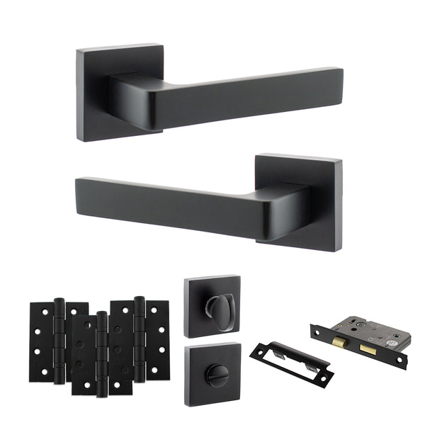 Status Montana Door Handle Pack (Bathroom Set - 2.5" CE Bathroom Lock, 4" Fire Rated Hinges x3) by Atlantic Hardware