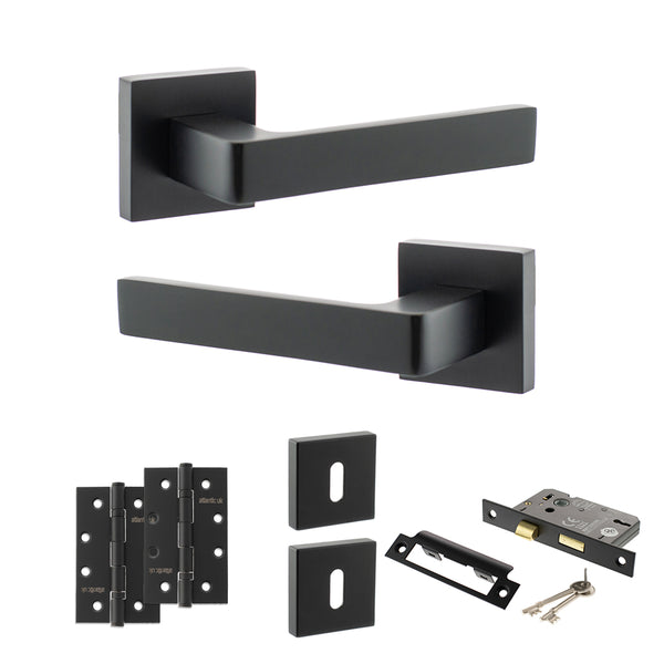 Status Montana Door Handle Pack (3 Lever Lock Set - 3" CE Sashlock, 4" Slim Knuckle Hinges x2) by Atlantic Hardware