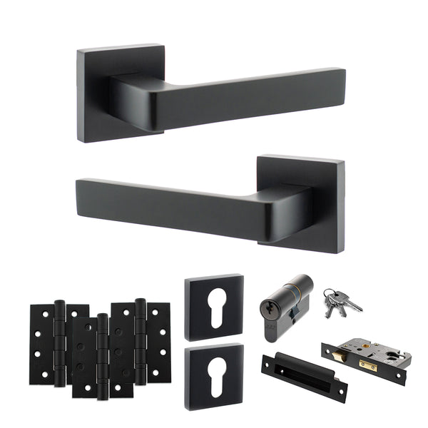 Status Montana Door Handle Pack (Euro Lock Set - 2.5" CE Sashlock, 4" Fire Rated Hinges x3) by Atlantic Hardware