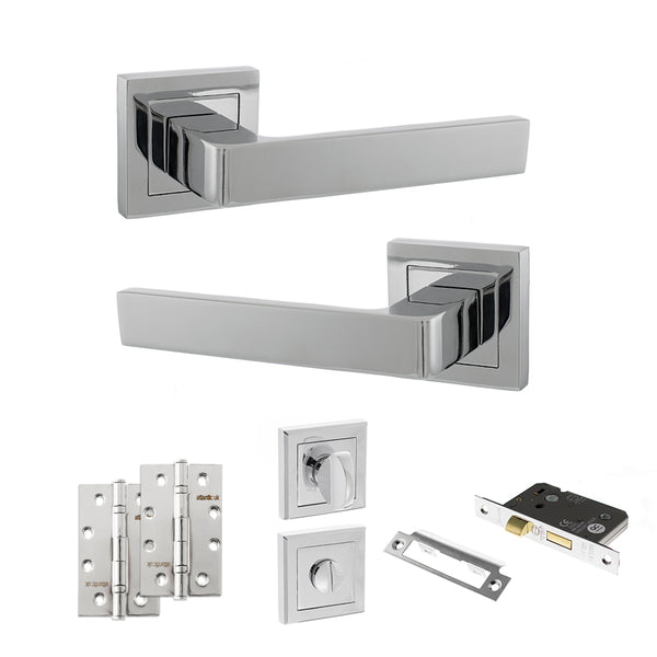 Status Montana Door Handle Pack (Bathroom Set - 3" CE Bathroom Lock, 4" Slim Knuckle Hinges x2) by Atlantic Hardware