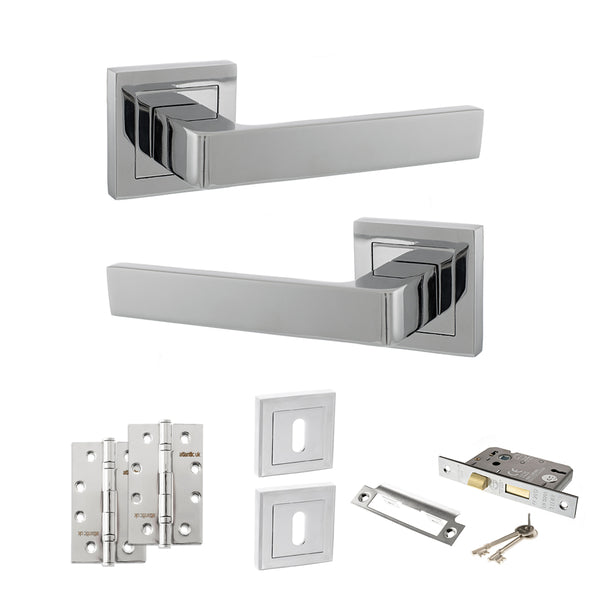 Status Montana Door Handle Pack (3 Lever Lock Set - 2.5" CE Sashlock, 4" Slim Knuckle Hinges x2) by Atlantic Hardware