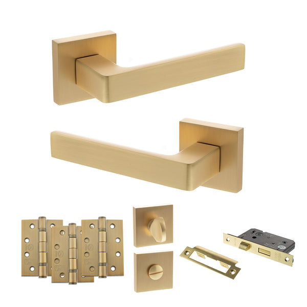 Status Montana Door Handle Pack (Bathroom Set - 3" CE Bathroom Lock, 4" Fire Rated Hinges x3) by Atlantic Hardware