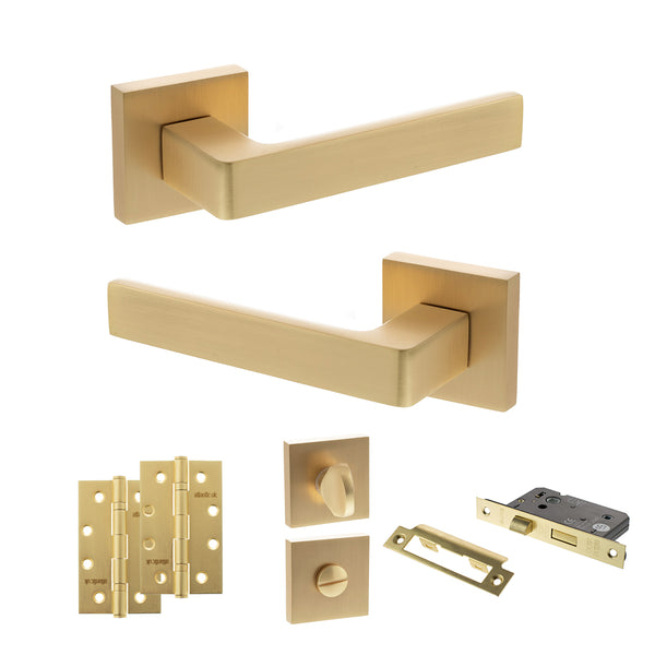 Status Montana Door Handle Pack (Bathroom Set - 2.5" CE Bathroom Lock, 4" Slim Knuckle Hinges x2) by Atlantic Hardware