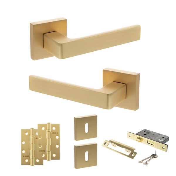Status Montana Door Handle Pack (3 Lever Lock Set - 3" CE Sashlock, 4" Slim Knuckle Hinges x2) by Atlantic Hardware