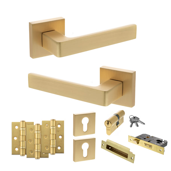 Status Montana Door Handle Pack (Euro Lock Set - 3" CE Sashlock, 3" Fire Rated Hinges x3) by Atlantic Hardware
