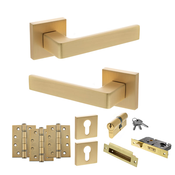 Status Montana Door Handle Pack (Euro Lock Set - 2.5" CE Sashlock, 4" Fire Rated Hinges x3) by Atlantic Hardware