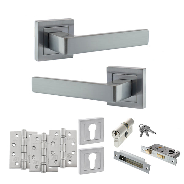 Status Montana Door Handle Pack (Euro Lock Set - 2.5" CE Sashlock, 4" Fire Rated Hinges x3) by Atlantic Hardware
