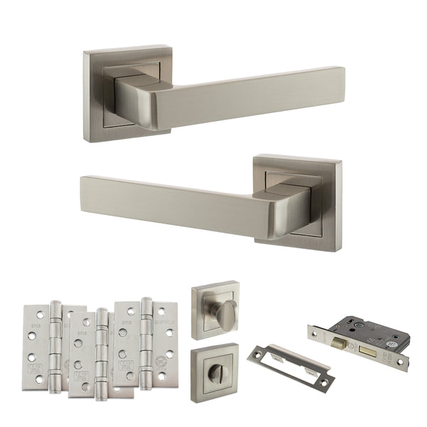 Status Montana Door Handle Pack (Bathroom Set - 2.5" CE Bathroom Lock, 4" Fire Rated Hinges x3) by Atlantic Hardware