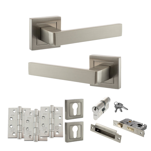 Status Montana Door Handle Pack (Euro Lock Set - 3" CE Sashlock, 4" Fire Rated Hinges x3) by Atlantic Hardware