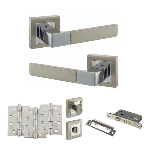 Status Montana Door Handle Pack (Bathroom Set - 2.5" CE Bathroom Lock, 4" Fire Rated Hinges x3) by Atlantic Hardware