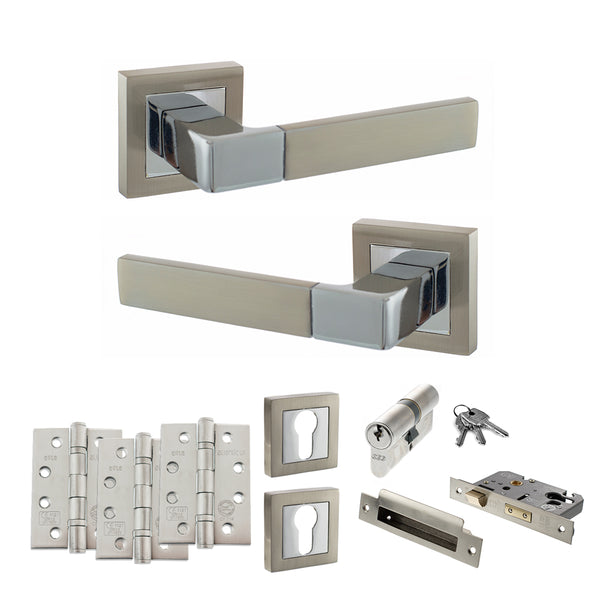 Status Montana Door Handle Pack (Euro Lock Set - 2.5" CE Sashlock, 4" Fire Rated Hinges x3) by Atlantic Hardware