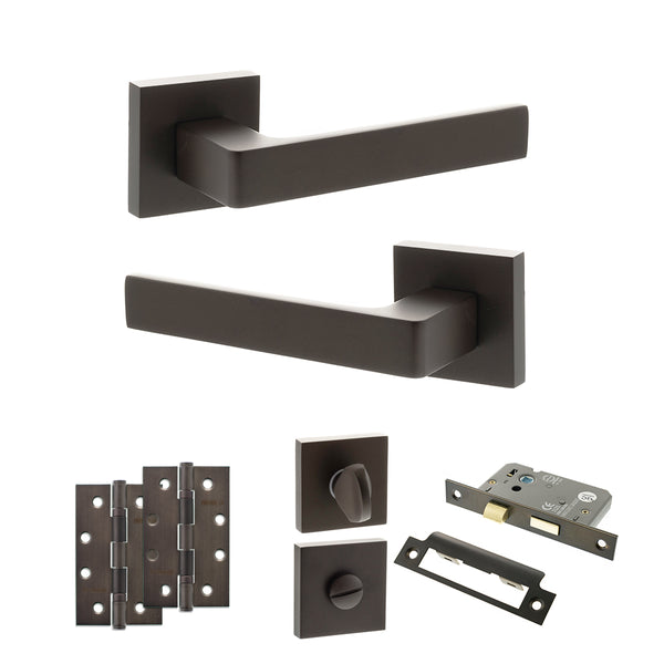 Status Montana Door Handle Pack (Bathroom Set - 3" CE Bathroom Lock, 4" Slim Knuckle Hinges x2) by Atlantic Hardware
