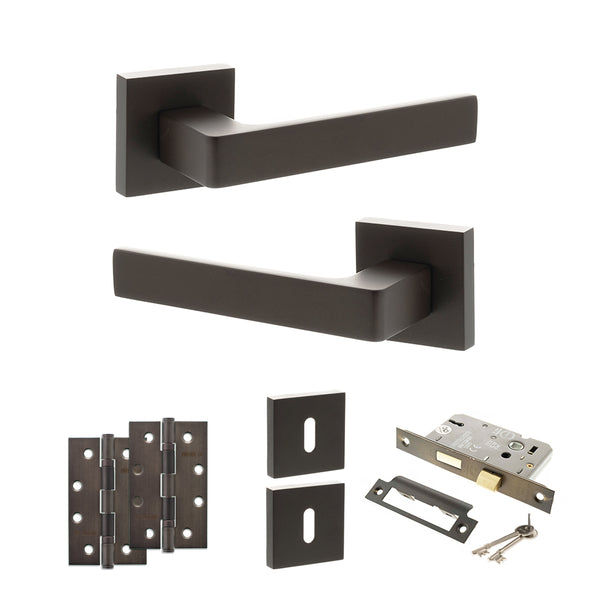 Status Montana Door Handle Pack (3 Lever Lock Set - 3" CE Sashlock, 4" Slim Knuckle Hinges x2) by Atlantic Hardware