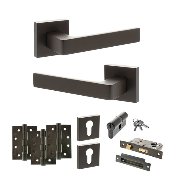 Status Montana Door Handle Pack (Euro Lock Set - 2.5" CE Sashlock, 4" Fire Rated Hinges x3) by Atlantic Hardware