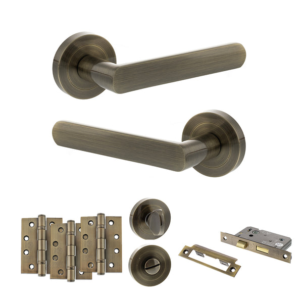 Status Carolina Door Handle Pack (Bathroom Set - 3" CE Bathroom Lock, 4" Fire Rated Hinges x3) by Atlantic Hardware