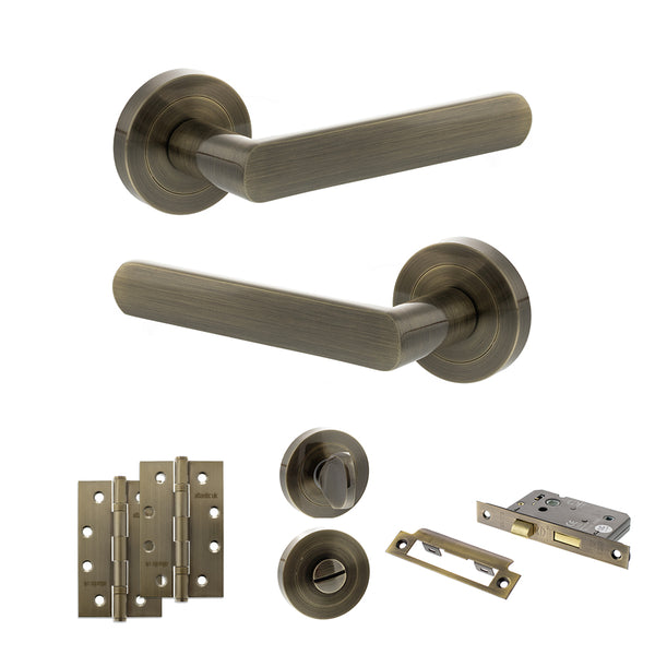Status Carolina Door Handle Pack (Bathroom Set - 3" CE Bathroom Lock, 4" Slim Knuckle Hinges x2) by Atlantic Hardware