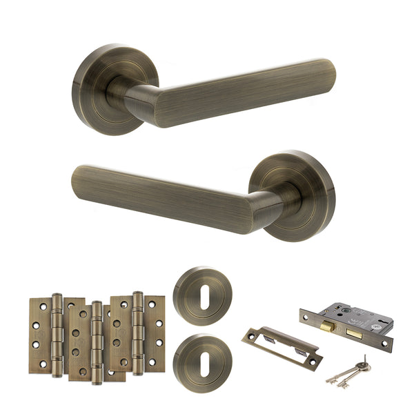 Status Carolina Door Handle Pack (3 Lever Lock Set - 2.5" CE Sashlock, 4" Fire Rated Hinges x3) by Atlantic Hardware