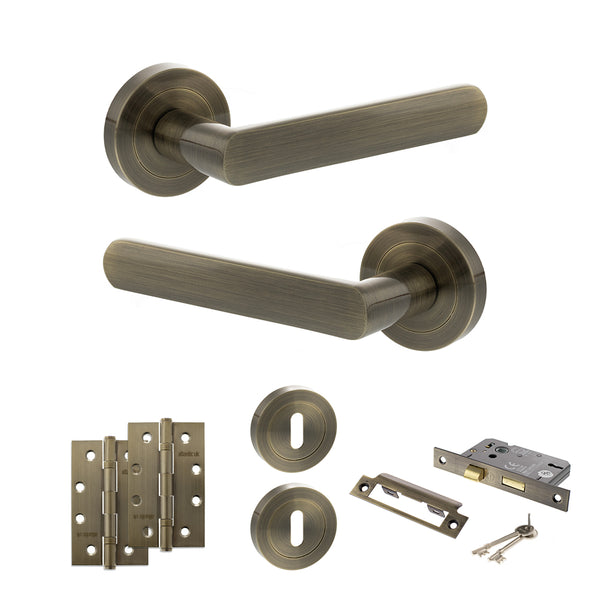 Status Carolina Door Handle Pack (3 Lever Lock Set - 2.5" CE Sashlock, 4" Slim Knuckle Hinges x2) by Atlantic Hardware