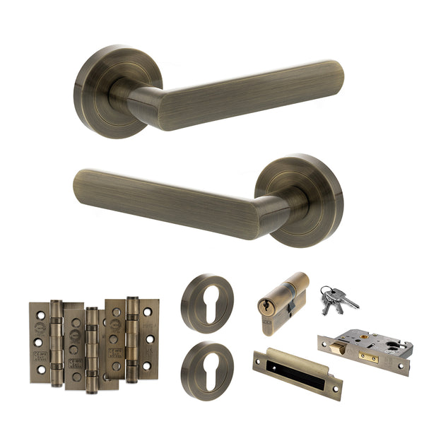 Status Carolina Door Handle Pack (Euro Lock Set - 3" CE Sashlock, 3" Fire Rated Hinges x3) by Atlantic Hardware